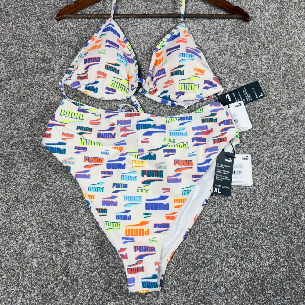 Puma Bikini Set Womens L Top XL‎ Bottom High Waist Logo Print Multi Color New